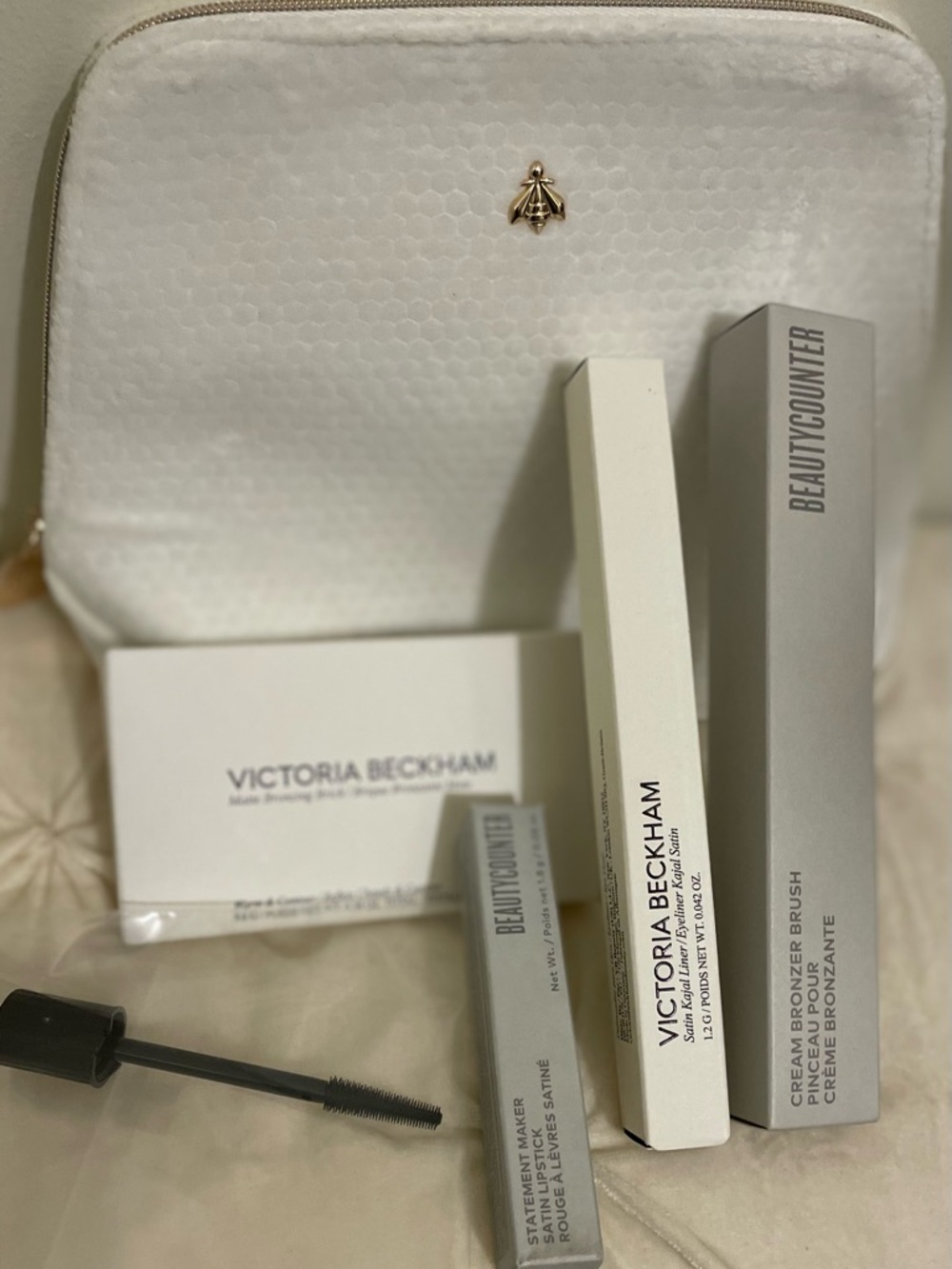 6 Pc GUERLAIN Makeup Bag VB Eyeliner VB Bronzing BeautyCounter Lipstick BC Brush